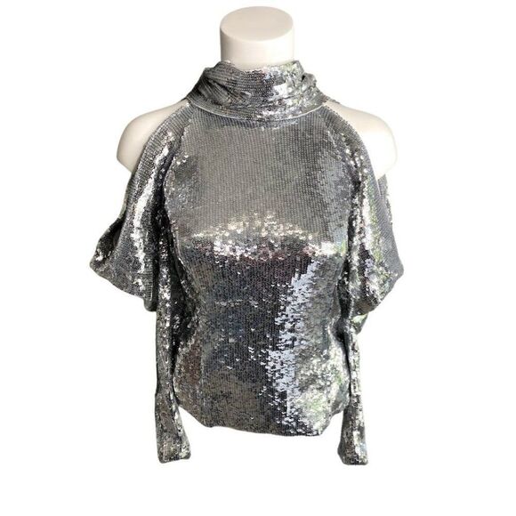 INC Silver Sequins Cold Shoulder Top Sz XS NEW‎ - Picture 1 of 8